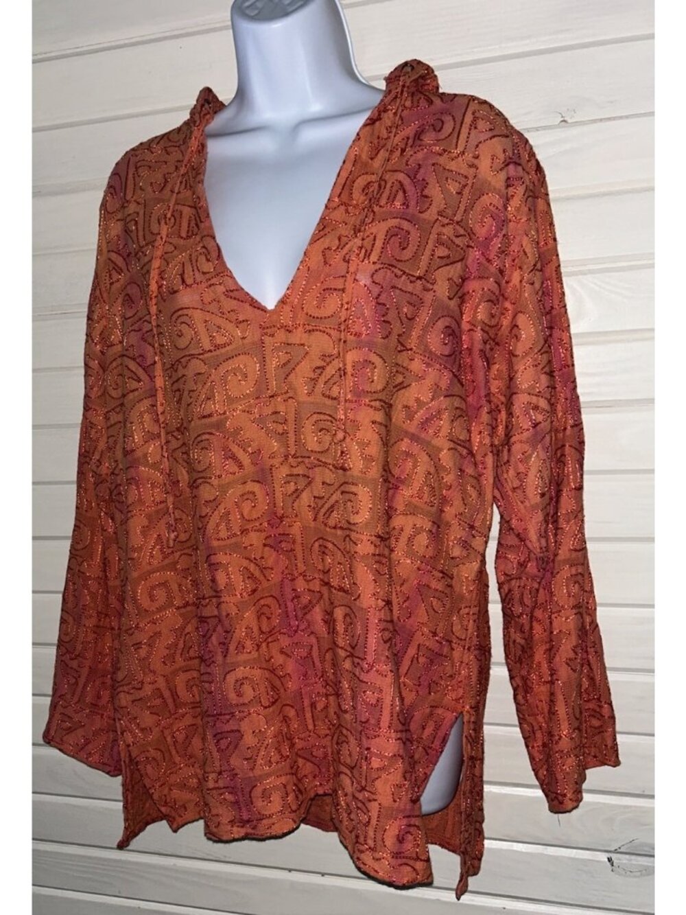 VTG CHICOS Sz 1 (MEDIUM) Orange Pink Hooded Cotton Tunic Embroidered V-Neck EUC